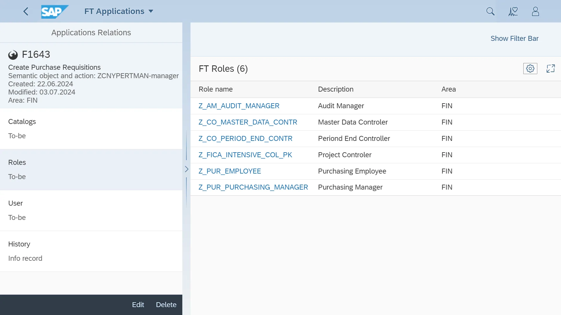 Application detail screen